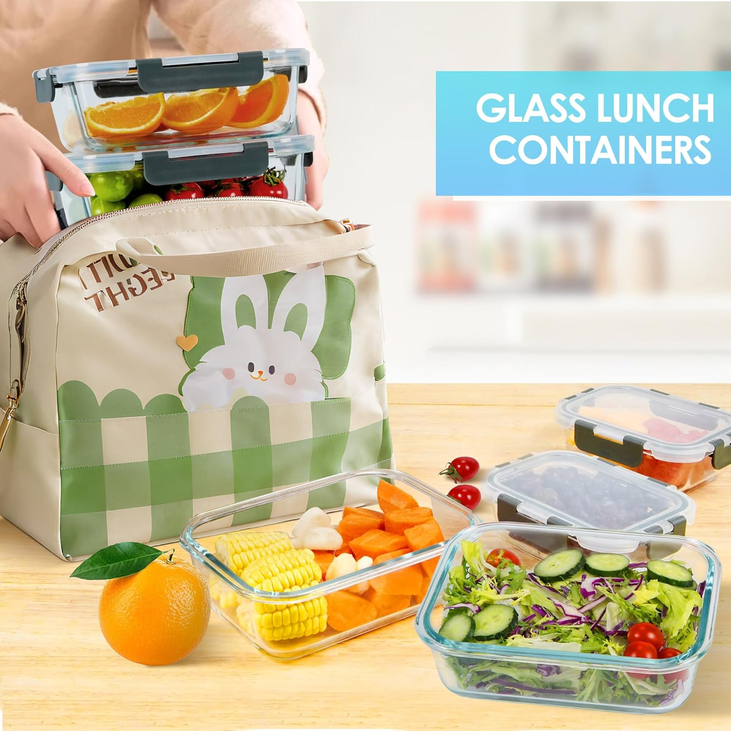 Welbellete 10 Pack Glass Food Storage Containers with Snap Lids (1040ML & 370ML) - Airtight Glass Meal Prep Containers, Leakproof Glass Lunch Containers for Microwave, Oven, Freezer and Dishwasher