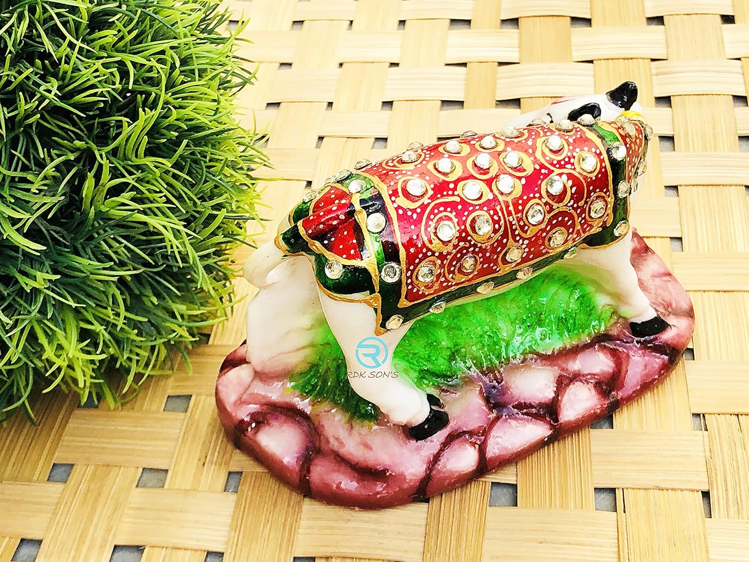 RDK SON'S&reg; Kamdhenu Cow and Calf Idol | Designer Stone Studded Marble Dust Gau MATA Statue | Spiritual Vastu Nandi Pooja Polyresin Figurine Sculpture for Home and Temple (Multicolor) image number 4