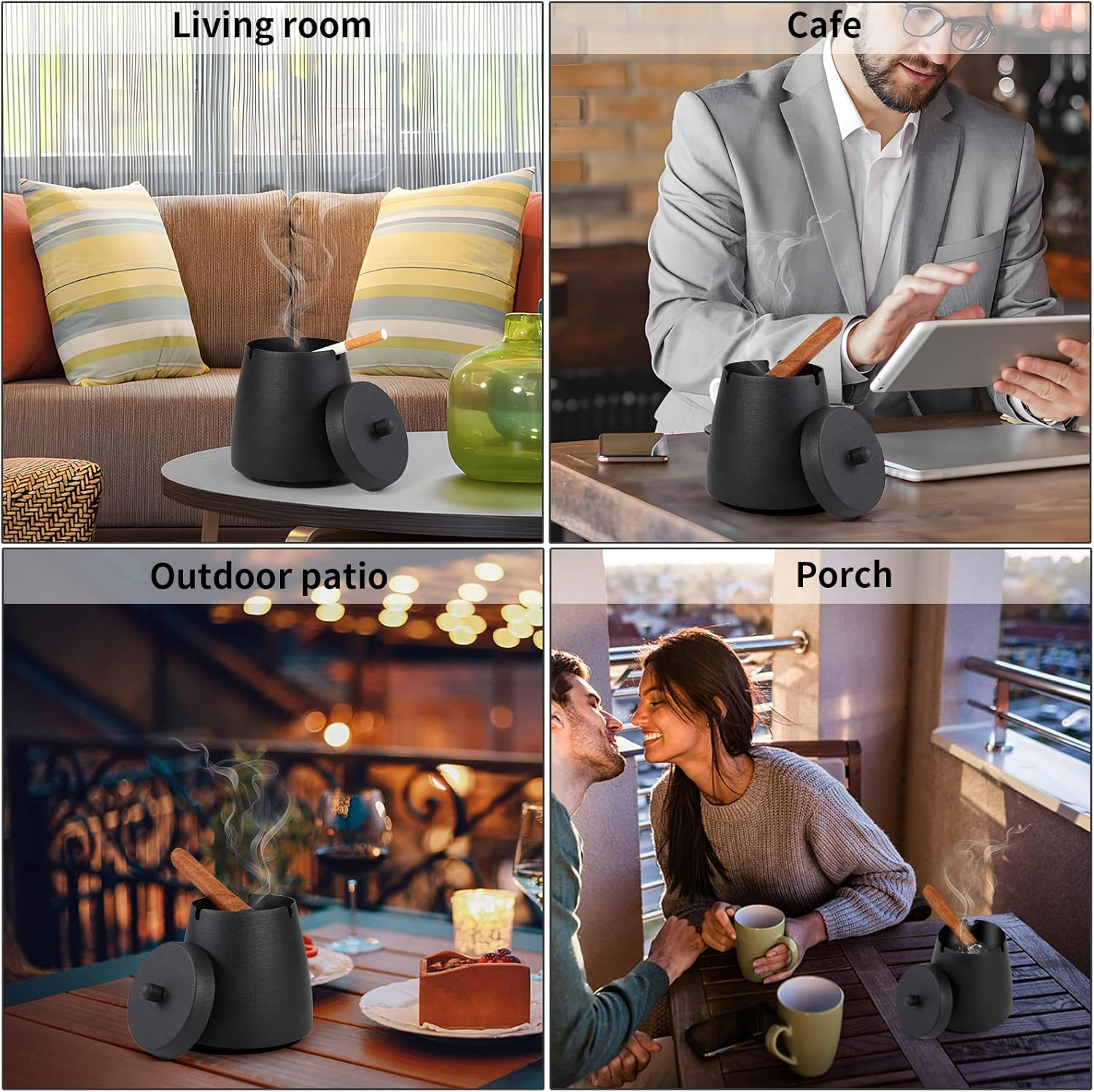 Outdoor Ashtrays for Patio with Lid, Ash Trays with Covers, Ashtray Odorless, Ash Tray Sets for Cigarettes, outside Covered Stainless Steel Iron Windproof Tabletop image number 5