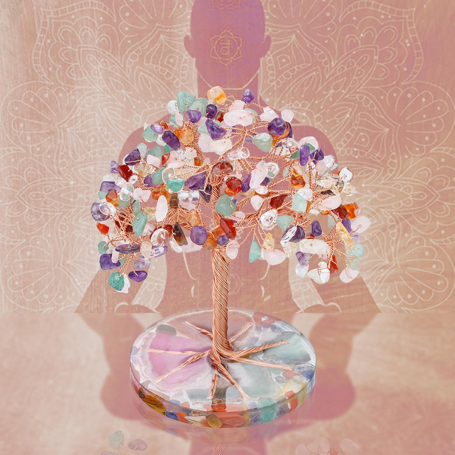 Zenbless 7 Chakra Healing Crystals Stones Tree, Colorful Crystal Stone Leaf Wire Wrapped on Natural Agate Slice Base, Home Office Desk Living Room Feng Shui Decoration for Wealth and Luck - Colorful image number 4