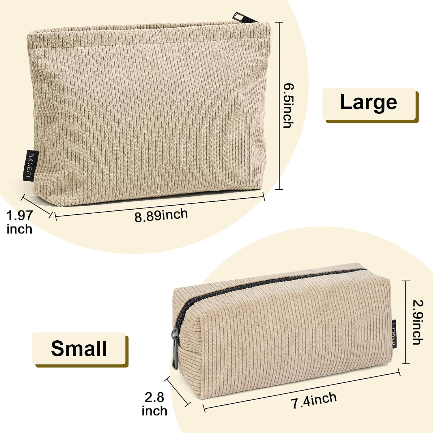 MAGEFY 2 Pcs Makeup Bags for Women, Corduroy Make up Bag for Purse Travel Makeup Bag Small Cosmetic Bags with Zipper Makeup Pouch for Travelling(Beige) - Green image number 4