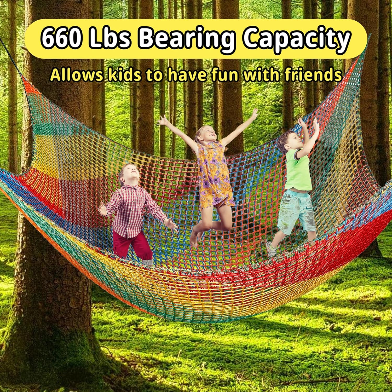 Playground Safety Net 6.5' X 9.8', Double Layers Climbing Cargo Net for Kids, Multicolored for Tree House, Obstacle Training, Back Yard