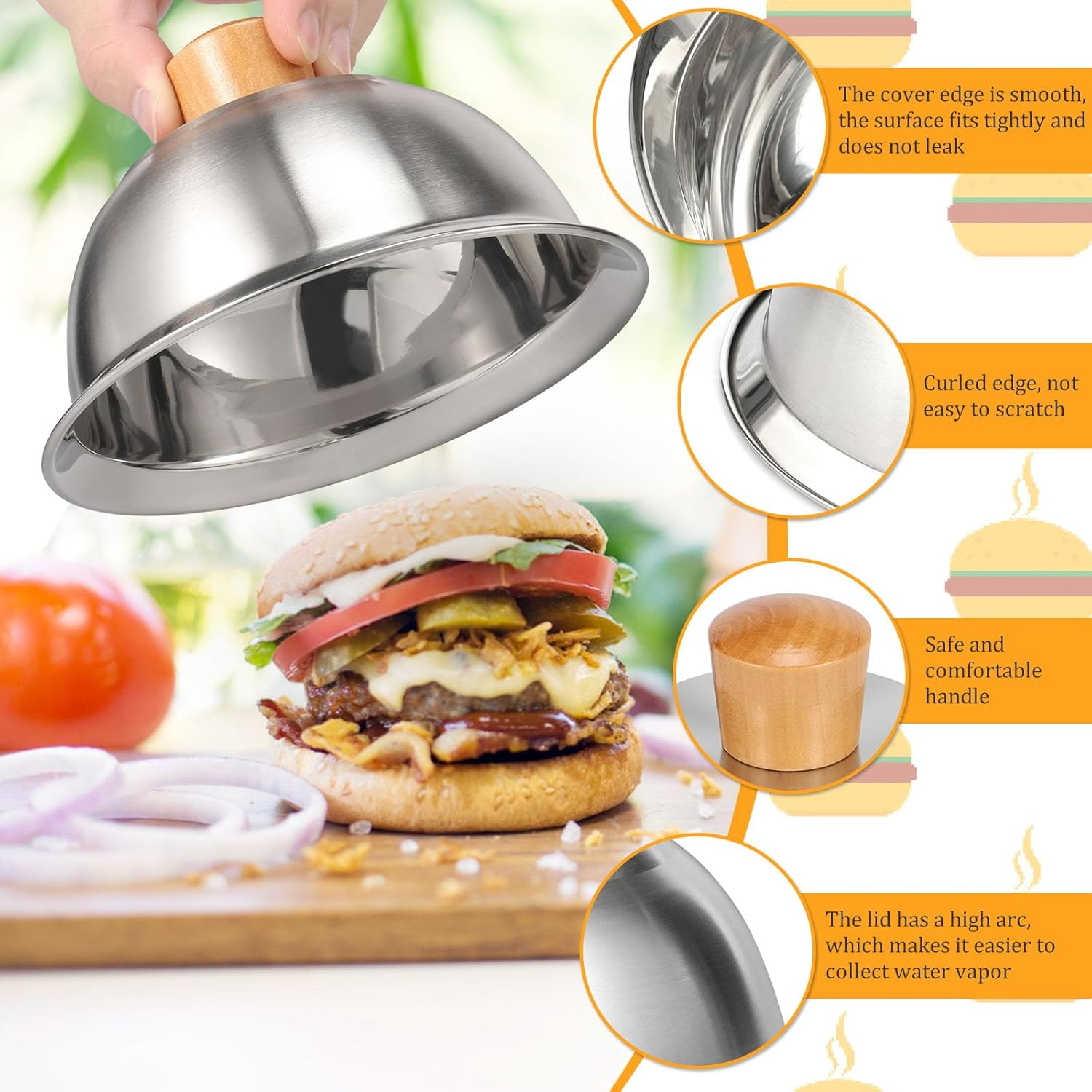 4 Pcs Burger Cover, round Basting Cover, Cheese Melting Dome with Bamboo Handle, Stainless Steel Burger Cover, Grill Accessory, Dishwasher Safe Steaming Cover for Cooking Hamburgers Steaks Bacon image number 6