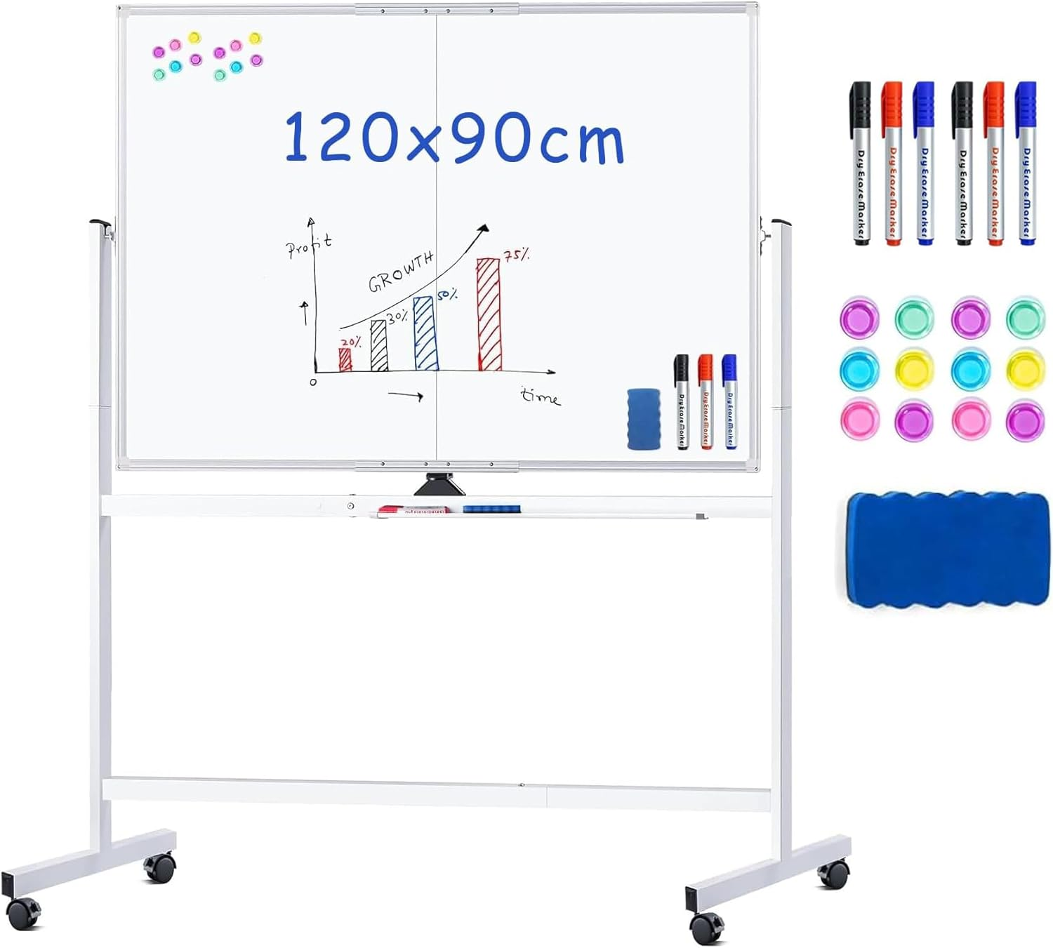Rolling Whiteboard, 120X90Cm Large Magnetic White Board with Stands, Big Double-Sided White Board Dry Erase on Wheels for Homeschool, Home Office, Office, School image number 1