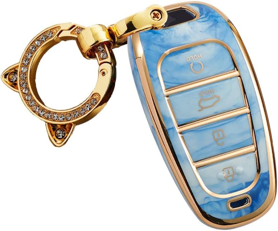 Ontto Tie-Dye TPU Car Key Fob Cover Fit for Hyundai Santa Fe Tucson 2022 Nexo NX4 Atos Prime Solaris 2021 4 Buttons Key Case Keyring Keychain Key Holder Key Shell Bag Accessories Blue image number 5