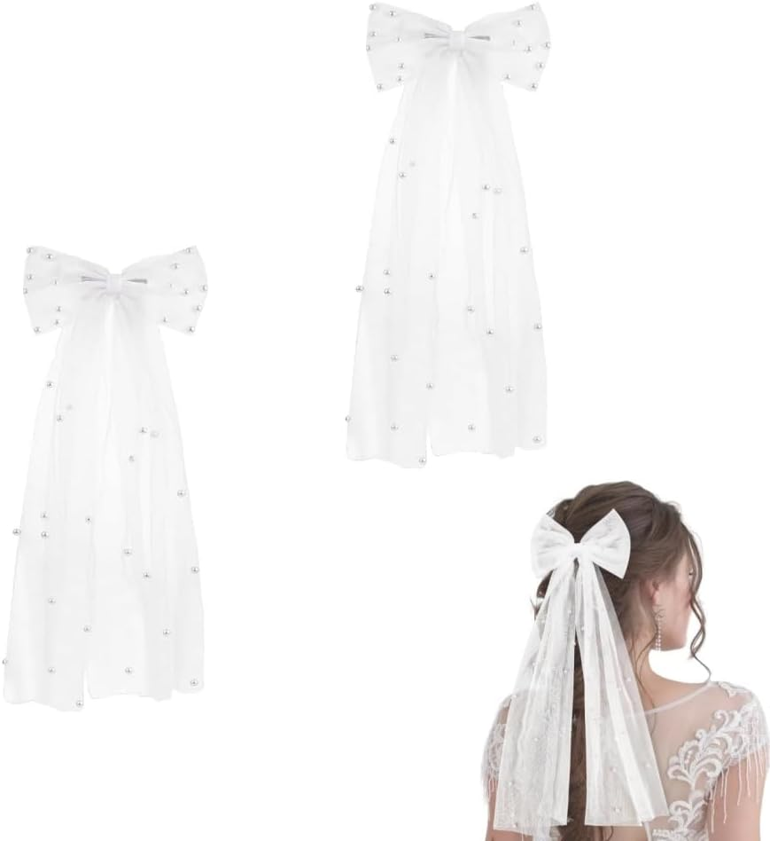 2Pcs Bridal Pearl Bow Veil, Large Hair Bow with Barrette Hair Clip,Wedding Short White Veil Barrette, Bride Accessories,Bridesmaid for Girls Women Wedding Party,Bachelorette Party,Decorations image number 4