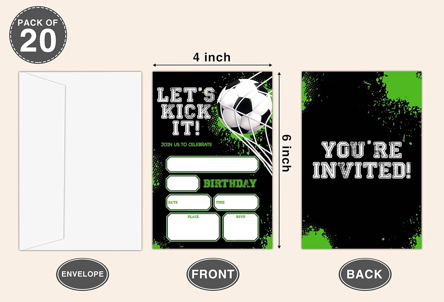 OICPYD Soccer Birthday Invitations, Soccer Birthday Party Invitations for Boys Girls Kids, Football Sports Fill in Party Invites, Decorations, Favors, 20 Invitations with Envelopes (B06)