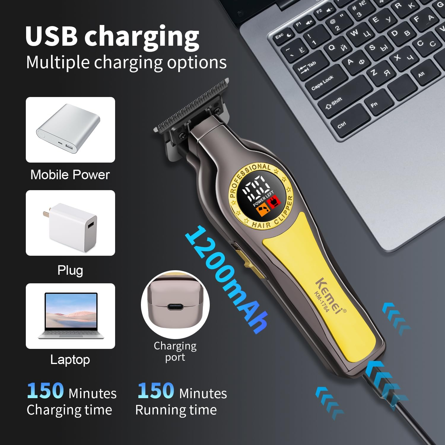 KEMEI 1784 Professional Hair Trimmer for Men, Wireless Electric Beard Trimmer, Zero Gapped T-Blade Hair Trimmer with LED Indicator and 3 Guide Combs image number 1