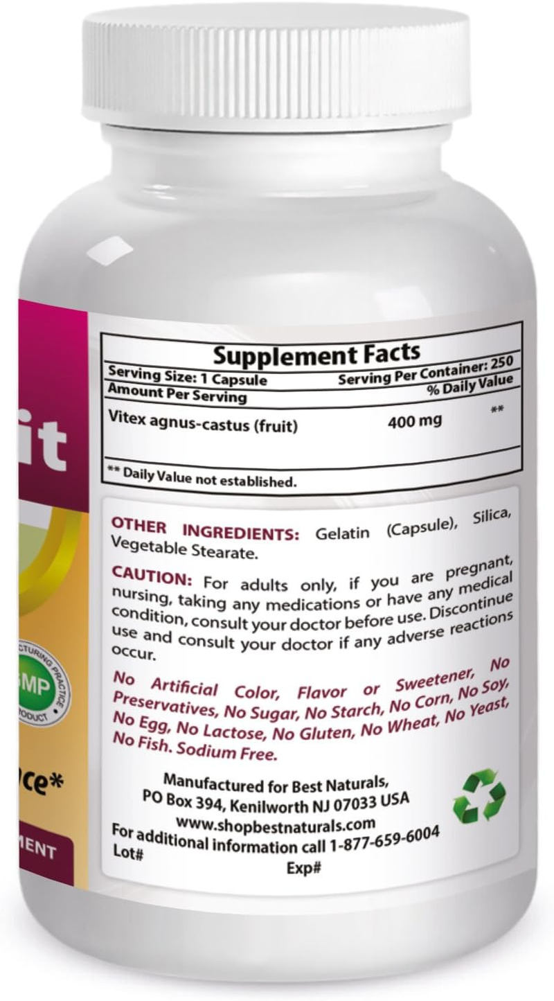 Best Naturals Vitex Chasteberry 400 Mg 250 Capsules (Pack of 2)