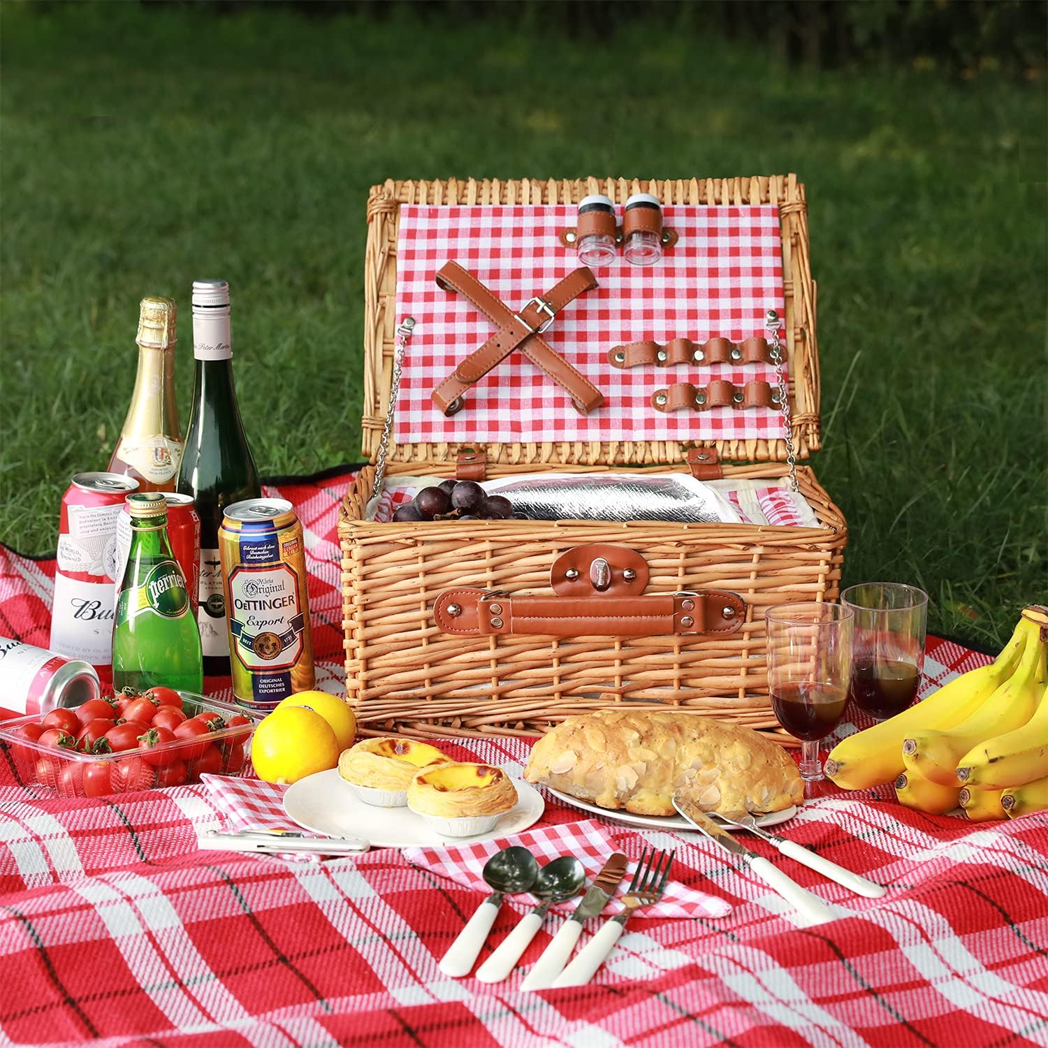 Wicker Picnic Basket for 2, Willow Hamper Basket Sets with Insulated Compartment, Handmade 2 Person Picnic Basket Classical Red Check with Utensils Cutlery Perfect for Picnic, Camping image number 2