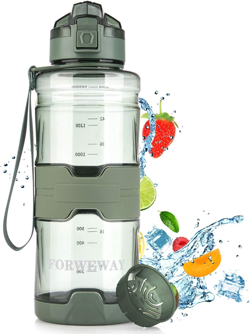 FORWEWAY Bpa-Free Large Water Bottle Tritan Leakproof Plastic Water Bottle with Filter Reusable Big Drink Water Bottles Durable for Fitness Outdoor Camping Hiking (Green)
