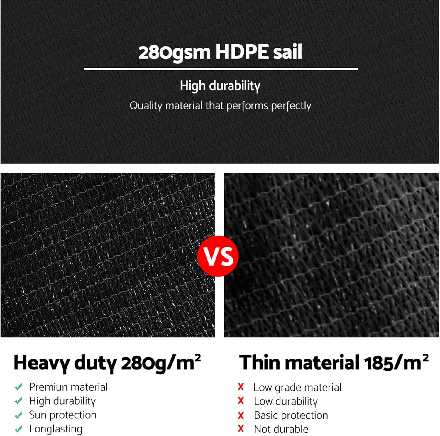 Instahut Shade Sail Rectangle 3 X 6M Sunshade Cloth Shadecloth Sun Block Outdoor Marquee Canopy Shelter Cover for Beach Pool Patio Backyard Lawn Garden Carport Fence Greenhouse, Black 98% UV Blockage image number 2