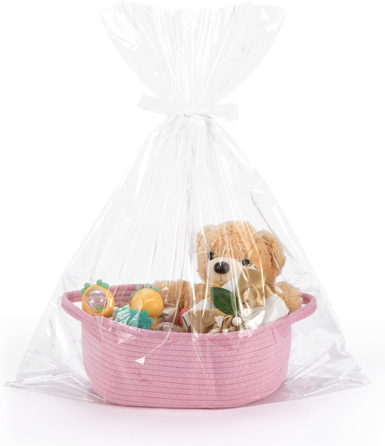 Basket with Gift Bag and Ribbon, Decorative Gift Basket with Handle for Baby Shower Nursery Gifts, Empty Storage Gift Box (Pink) image number 3