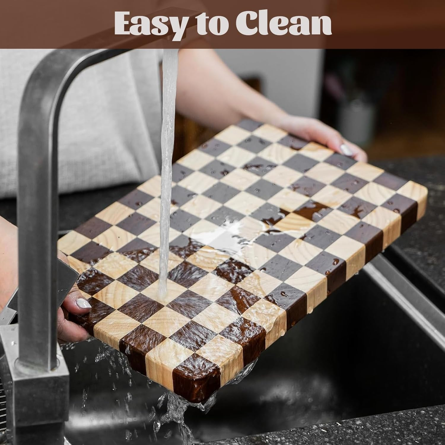 Acacia Wooden Chopping Board, Checkered Cutting Board, End Grain Cutting Boards for Kitchen, Butcher Block for Meat, Bread & Fruit, Charcuterie Board, 41 * 28 * 2.5CM image number 4