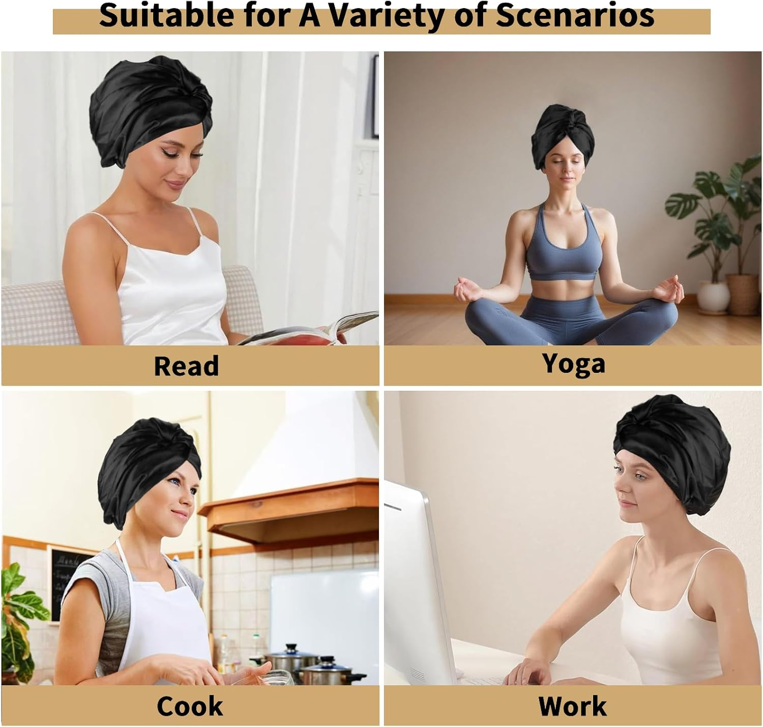 Silk Hood for Sleeping - Sleep Cap Silk for Hair Overnight Healthy, Preserves Curl Shape, Prevents Frizz & Hair Breakage, Silk Bonnet Silk for Women with All Hair Types (Black) Kaempe image number 1