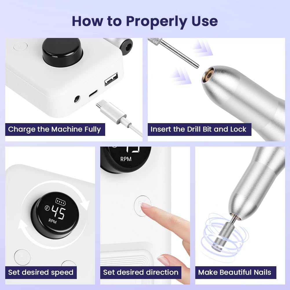 BUTBU Cordless Electric Nail Files, 13 in 1 Professional Rechargeable Electric Nail Drill Machine, 30000 RPM Portable E File Kit, Manicure Pedicure Set with 6 Drill Bits, for Home Salon (White) image number 4