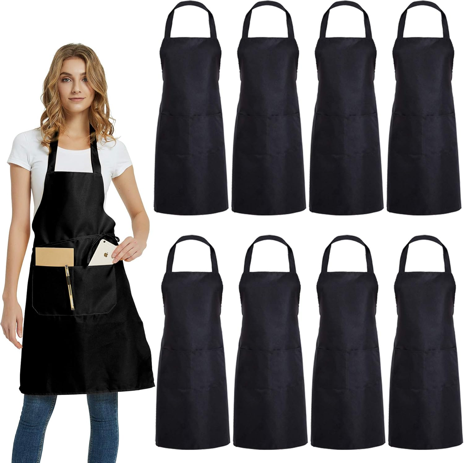 DUSKCOVE 8 Pack Bib Aprons Bulk - Unisex Black Commercial Apron with 2 Pockets for Kitchen Crafting BBQ Drawing Cooking