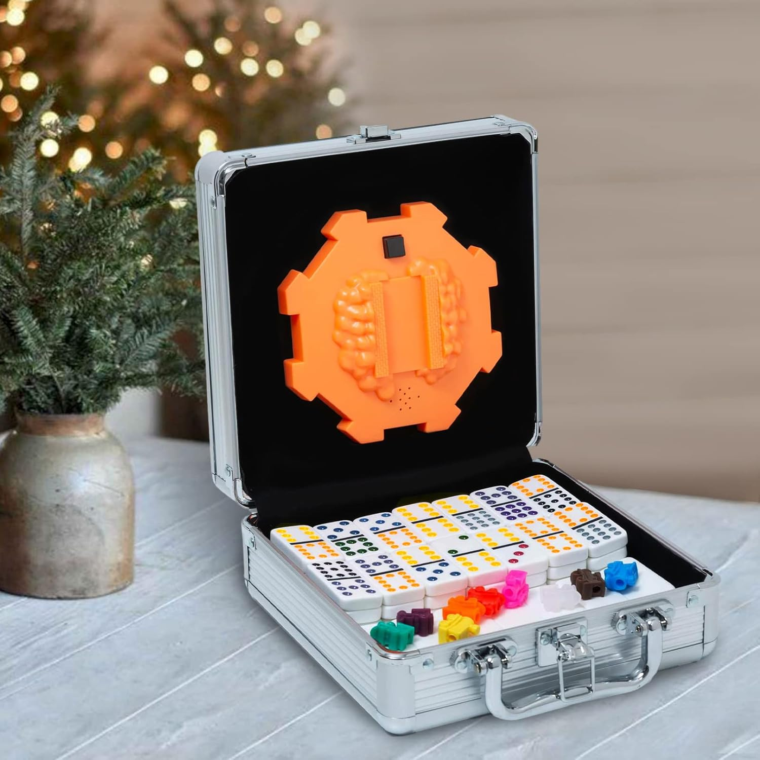 Mexican Train Domino Set with Sound Effect, Yinlo Dominoes Set for Travel, 91 Tiles Double 12 Colored Dominoes Travel Game Set with Aluminum Case for Kids and Families image number 2