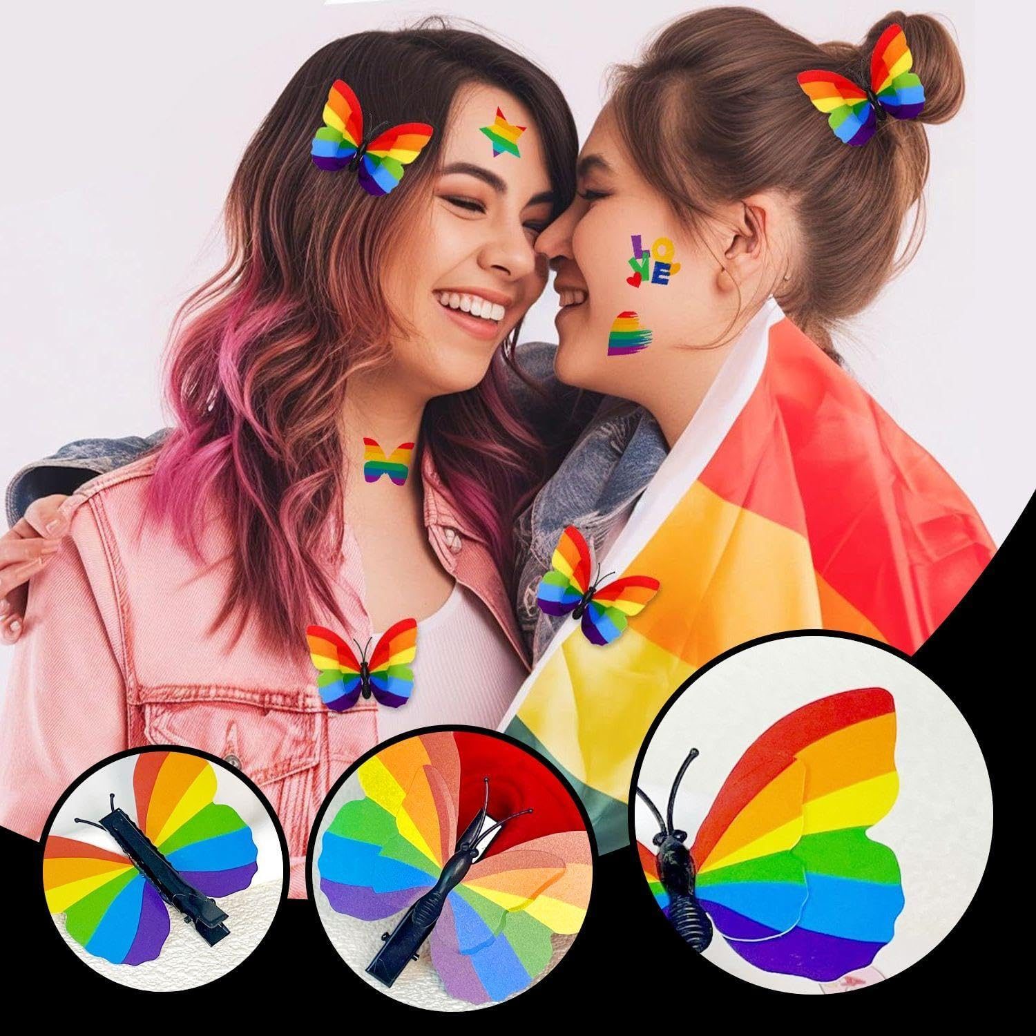 Pack of 8 Rainbow Butterfly Clips and 18 Rainbow Face Spots, Creative Cartoon Hairpin, Fun and Cute Face Stains, Dances and Celebrations. image number 4