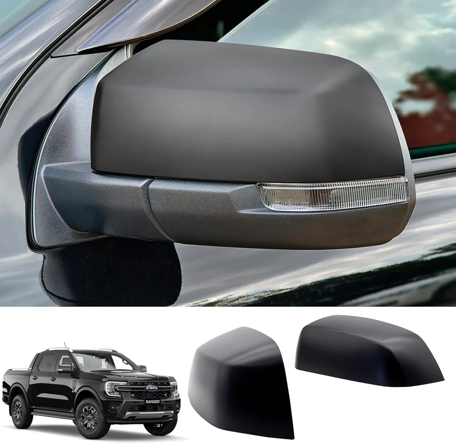 SUERAUTO4X4 Side Door Mirror Cover Cap for Ford Ranger and Ford Everest Next Gen 2022 2023 2024 2025 Accessories, Matte Black Left Right Side Door Rearview Wing Mirror Cover Trim, 2PCS image number 5