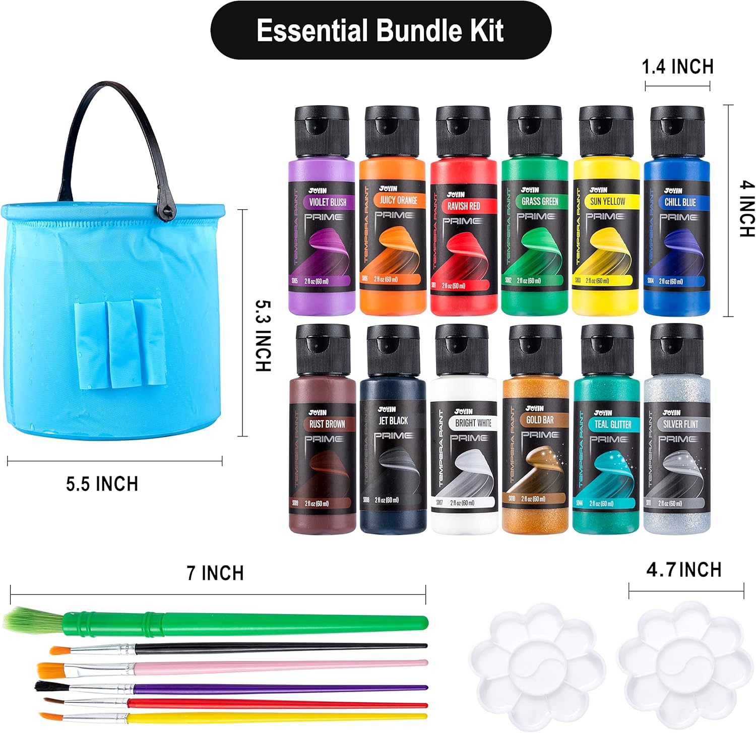 JOYIN 12PCS Washable Kids Tempera Paint Set (2 Oz Each), Liquid Paint with 6 Brushes, 2 Palette & 1 Stretchable Washing Bucket , Non-Toxic Kids Paint for Arts and Crafts Project, Finger Painting, Hobby Painters image number 2