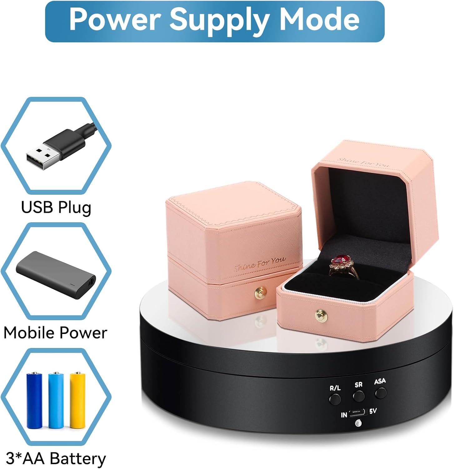 Dawntress Rotating Display Stand Motorized - Electric Turntable Display 5.4Inch / 13.72Cm with 3 Modes, 360 Degree Automatic Turntable for Photography Products, Jewelry, Cake, Market Shows - Black image number 5