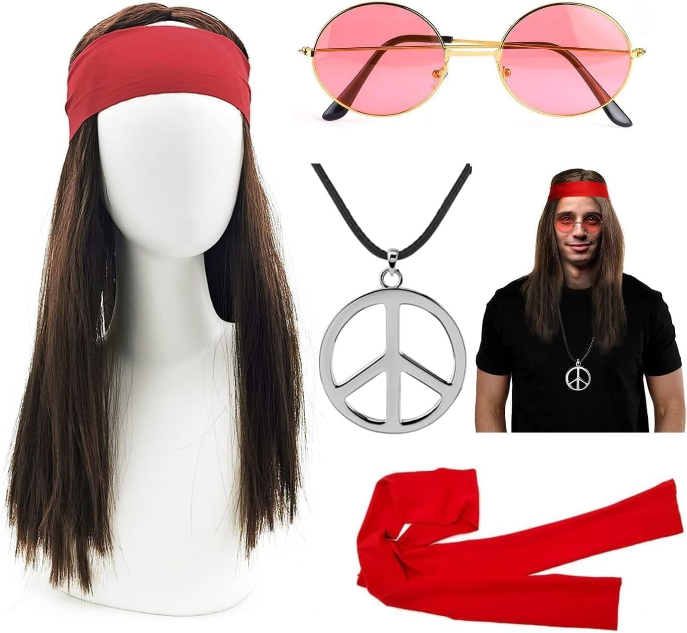 Slowton Hippie Accessories for Men - Retro Disco Outfit for Adult with Brown Wig Red Bandana Glasses and Peace Necklace, Men'S 80S Vintage Fancy Dress for Halloween Party 80S 90S Disco Party image number 4