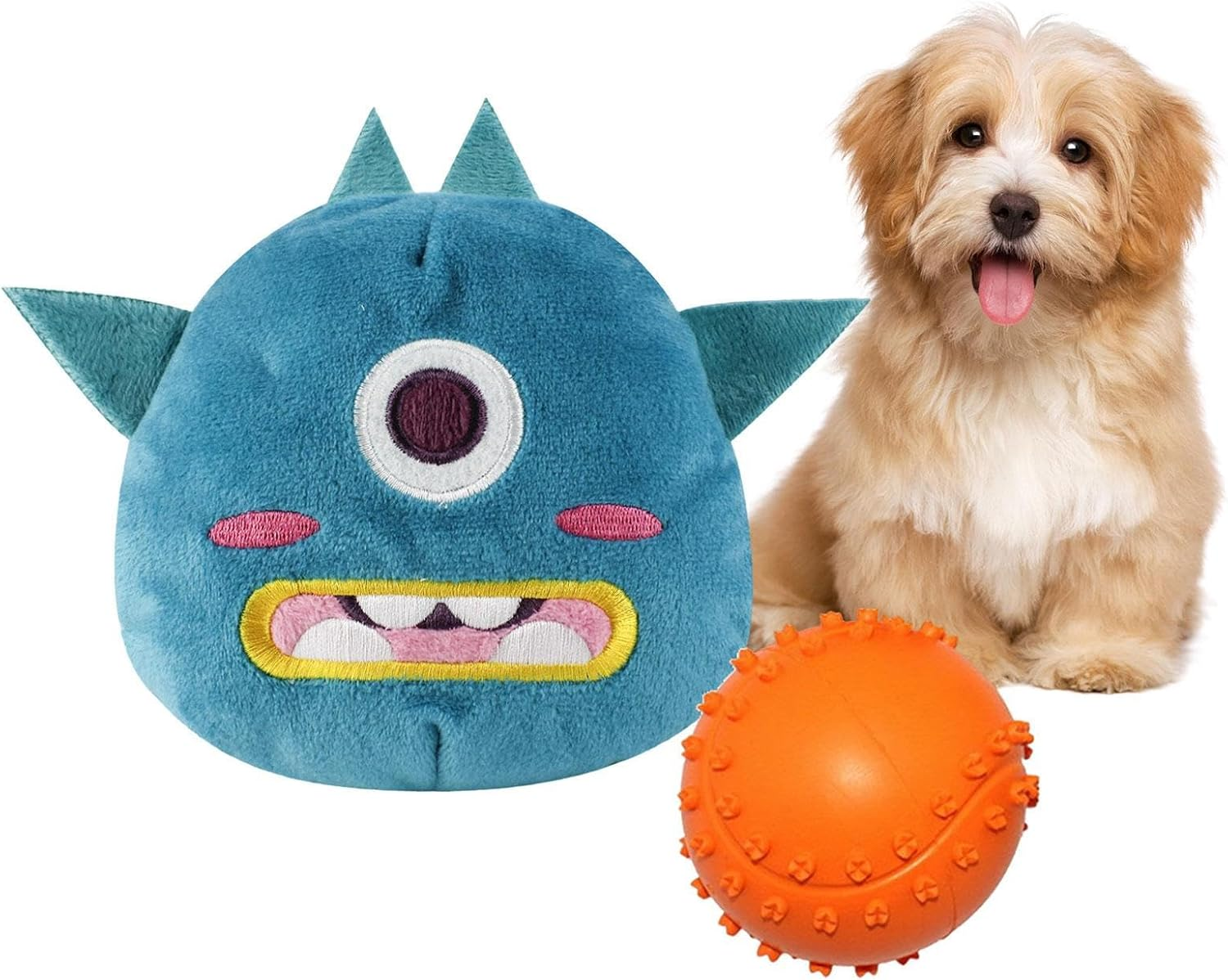 Dog Toys Squeaky Ball | Rubber 2 in 1 Beast Shaped Dog Chew Toy | Sound Dog Ball, Dog Teething Toys for Puppy Small Medium Dogs, Pet Sound Toys Catcoq - D: C-Bit Beast Cloth Cover + Orange Sound Ball image number 3