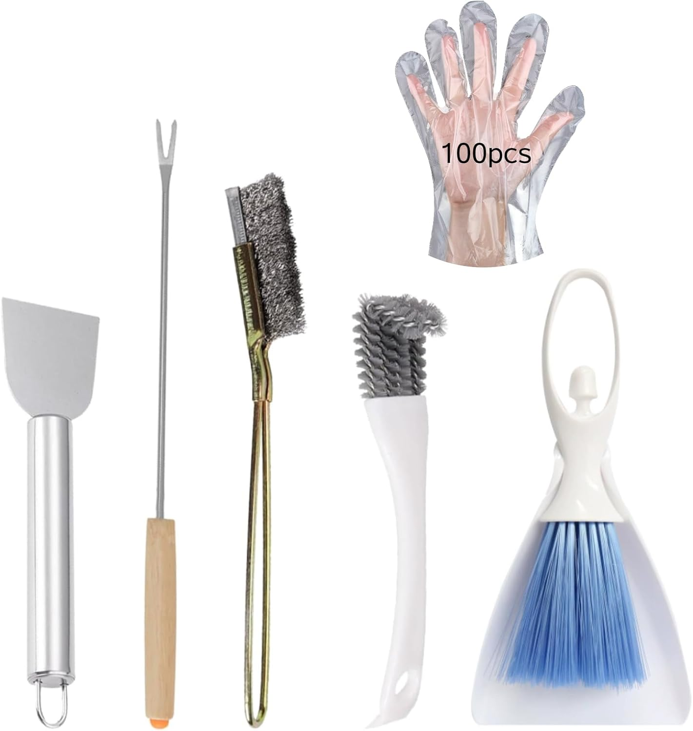 SUSOO 6 PCS Bird Cage Cleaning Kit with Stainless Steel Poop Remover,Brushes,Scraper,Wire Brush,Small Broom and Disposable Gloves,Pet Accessories for Parrot Conure Hamster Rabbit Outdoor Patio