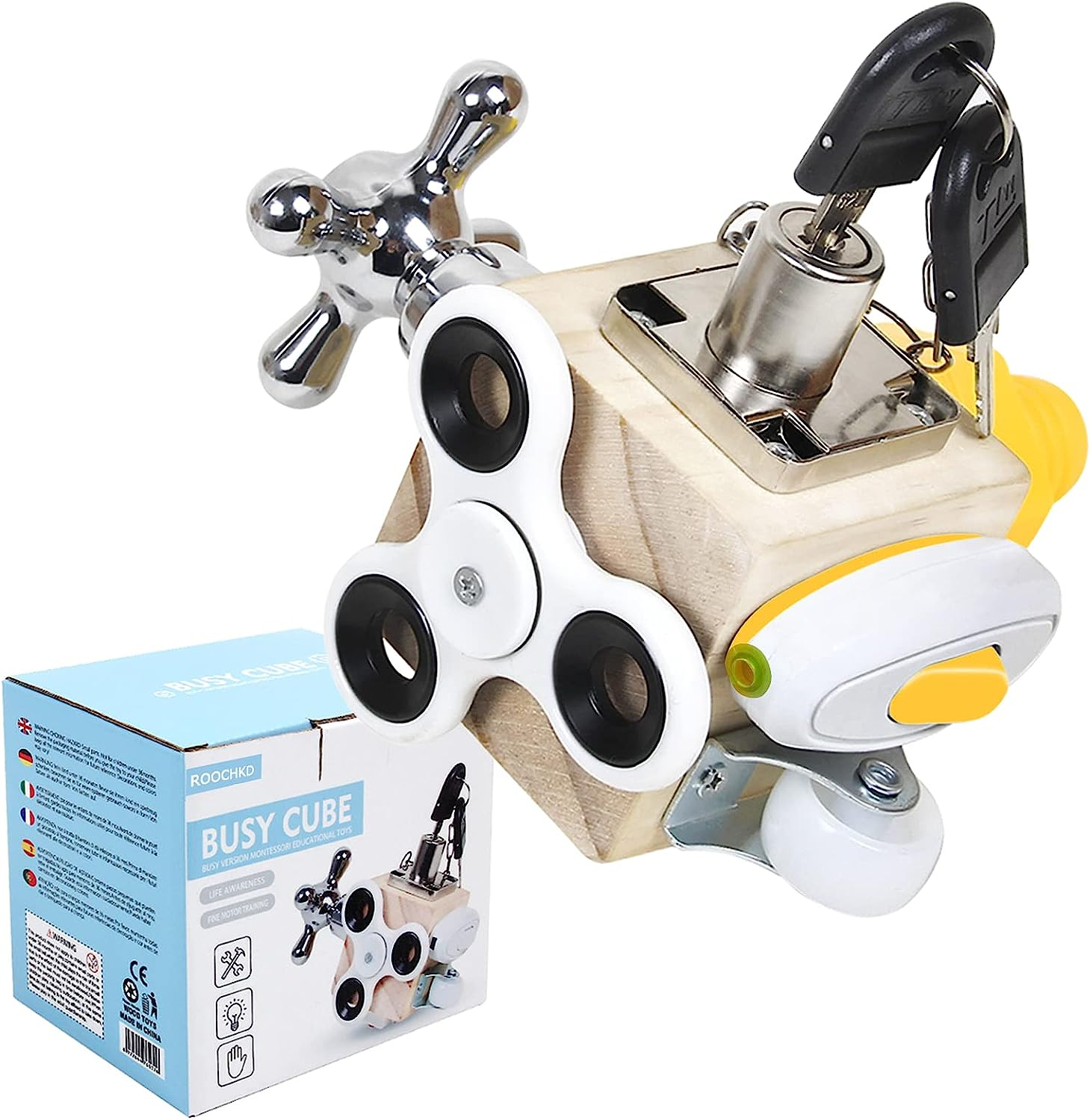 ROOCHKD Busy Cube Wooden Activity Cube Montessori Board Travel Toys for Kids Hands-On Ability Training Basic Life Skills Learning for Toddlers (TG36 Busy Cube) image number 3