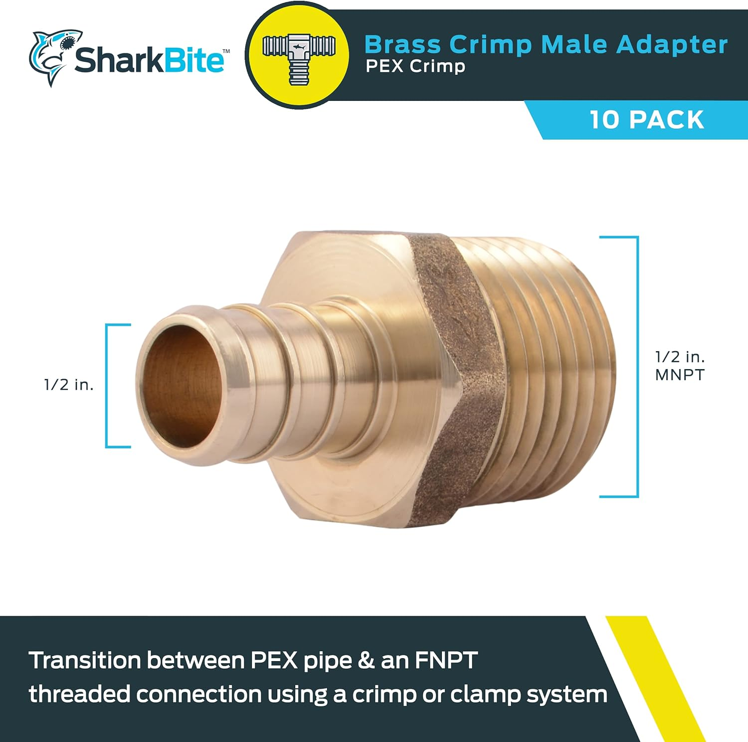 Sharkbite 1/2 Inch Crimp MNPT Male Adapter, Pack of 10, Brass Plumbing Fitting, PEX Pipe, Copper, UC120LFA10 image number 4