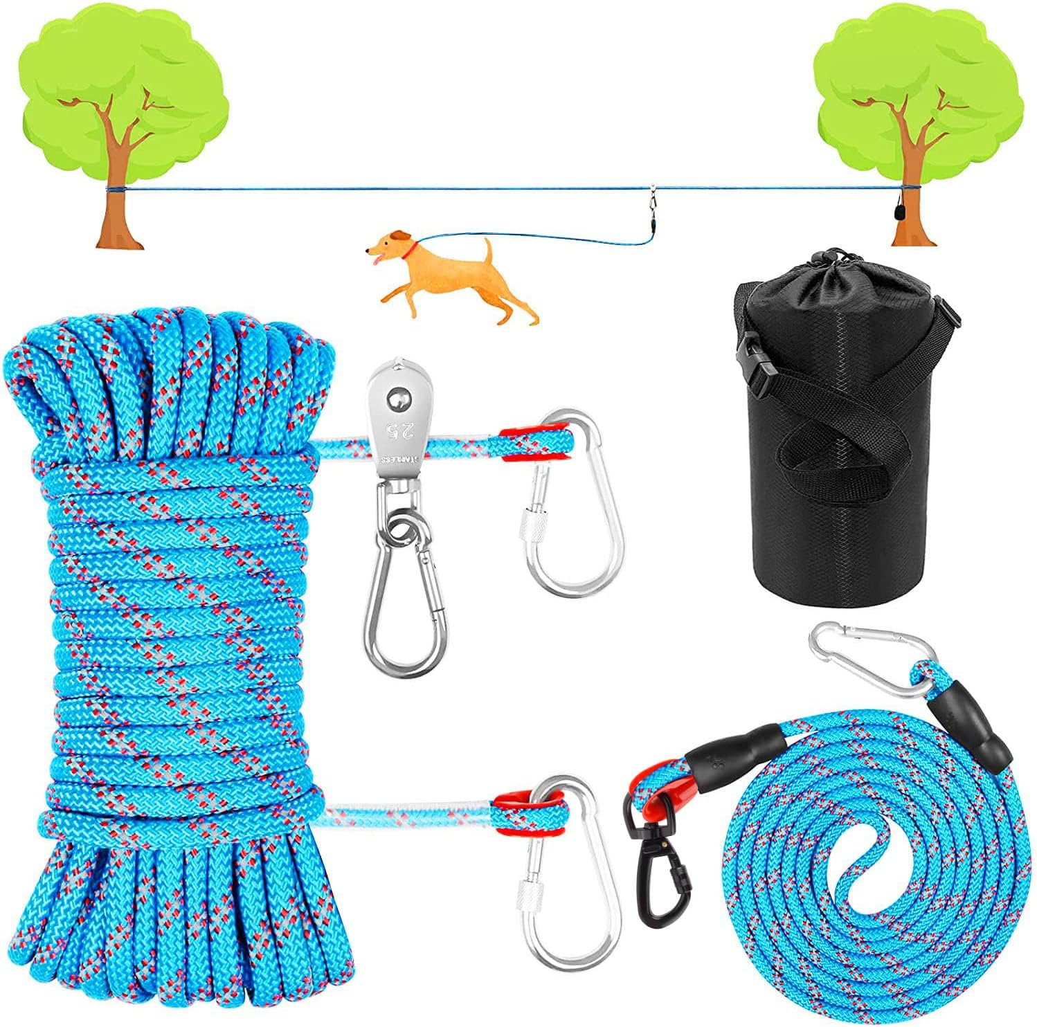 Dog Camping Essentials,Tie Out Cable for Camping,50Ft Portable Trolley System with 10Ft Runner Lead for Dogs up to 200Lbs，Portable Reflective Dog Lead Line for Yard, Park and Outdoor (Blue)