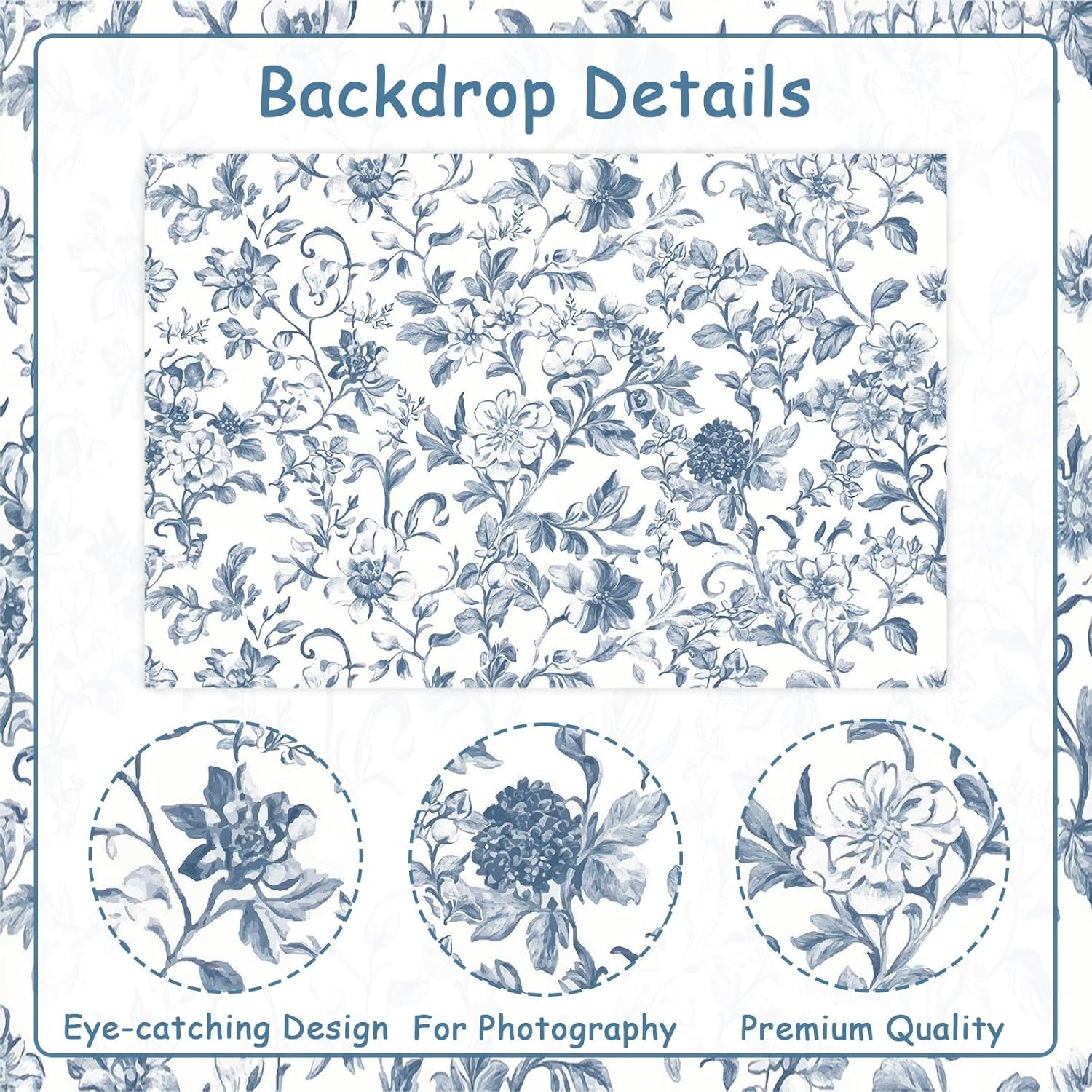 Wonmelody Blue Chinoiserie Party Decorations 5 * 3 Ft Blue Chinoiserie Backdrop Blue Floral Safari Birthday Baby Shower Backdrop Decor for Floral Blue Chinoiserie Birthday Wedding Bridal Shower image number 5