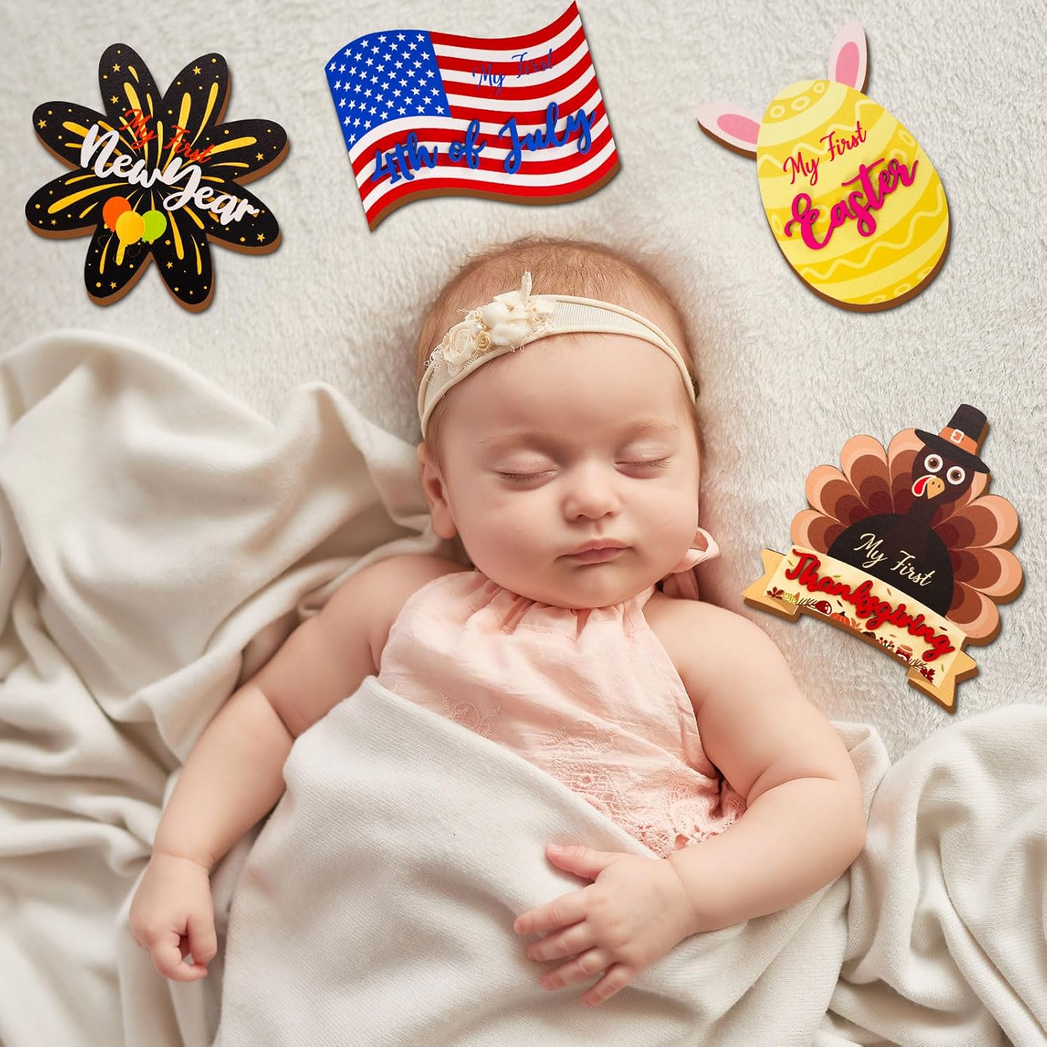 Whaline 10 Pcs My First Holiday Baby Milestone Cards Shaped Wooden Marker Announcement Sign for Pregnancy Newborn Baby Growth Photo Prop Decor Supplies image number 4