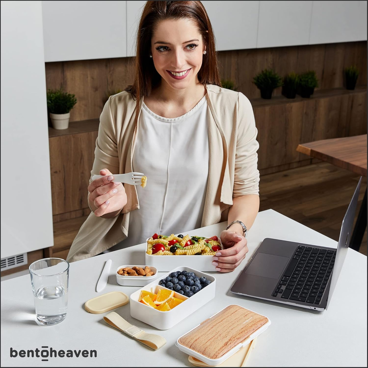 Bentoheaven Premium Bento Box Adult Lunch Box with 2 Compartments (1200Ml), Cutlery & Set of Chopsticks, Large Dip Container, Cute Black Japanese Bento Box, Rectangle, Microwavable (Bright Light)