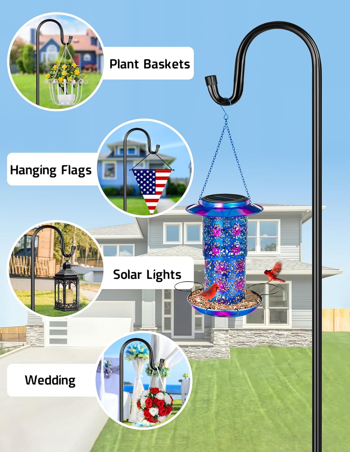 XDW-GIFTS Bird Feeder Pole for Outdoor, 2-Pack 92 Inch Shepherds Hooks Heavy Duty Garden Pole for Hanging Plant Basket, Solar Light Lanterns, Garden Plant Hanger Stands with 5 Base Prongs image number 2