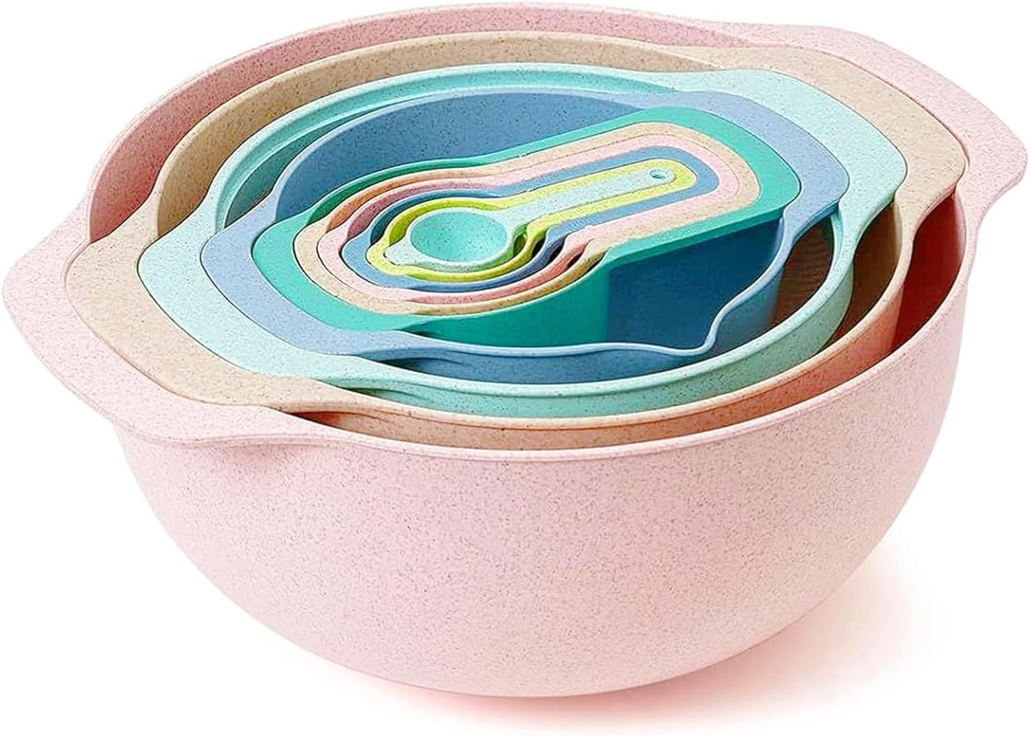 Menbyci 10Pcs Plastic Mixing Bowls Set with Measuring Spoon, Colorful Serving Bowls for Kitchen, Multi-Purpose Nesting Bowl with Handle, Colander and Fine Mesh Sifter, for Baking, Prepping and Cooking image number 5
