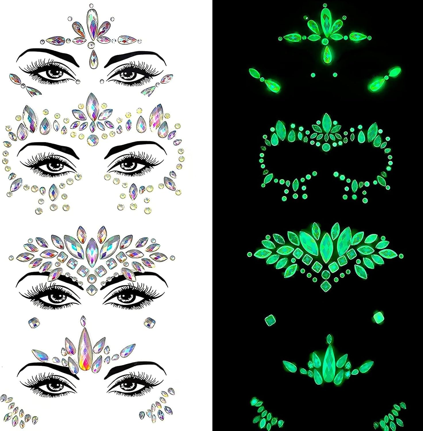 FLAFARY Crystals Face Gems Glitter Jewels, 400 PCS Glow in the Dark Temporary Tattoos for Kids Eyes Body Paint Stickers, Halloween Carnival Festival Party