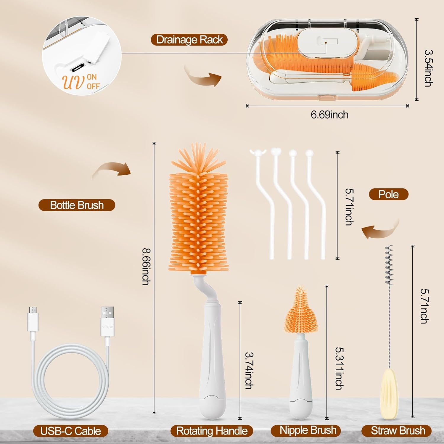 Baby Bottle Brush Set,Travel Bottle Cleaner Kit with UV Light,Silicone Bottle Brush,Nipple Brush,Straw Cleaner,Drying Rack,Baby Bottle Brushes for Cleaning,Baby Essentials for Home and Travel,Orange image number 6
