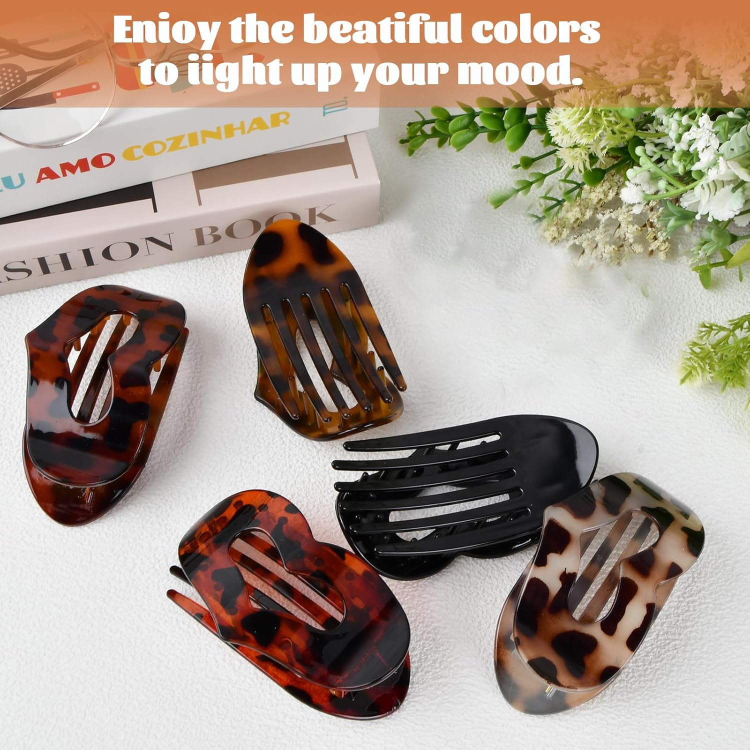 Culinavog Pack of 5 Leopard Flat Oval Hair Clips, Love French Flat Claw Clip, Large Flat Hair Clips, Women, Non-Slip Hair Clip for Thick or Thin Hair, Everyday Sports or Driving image number 1