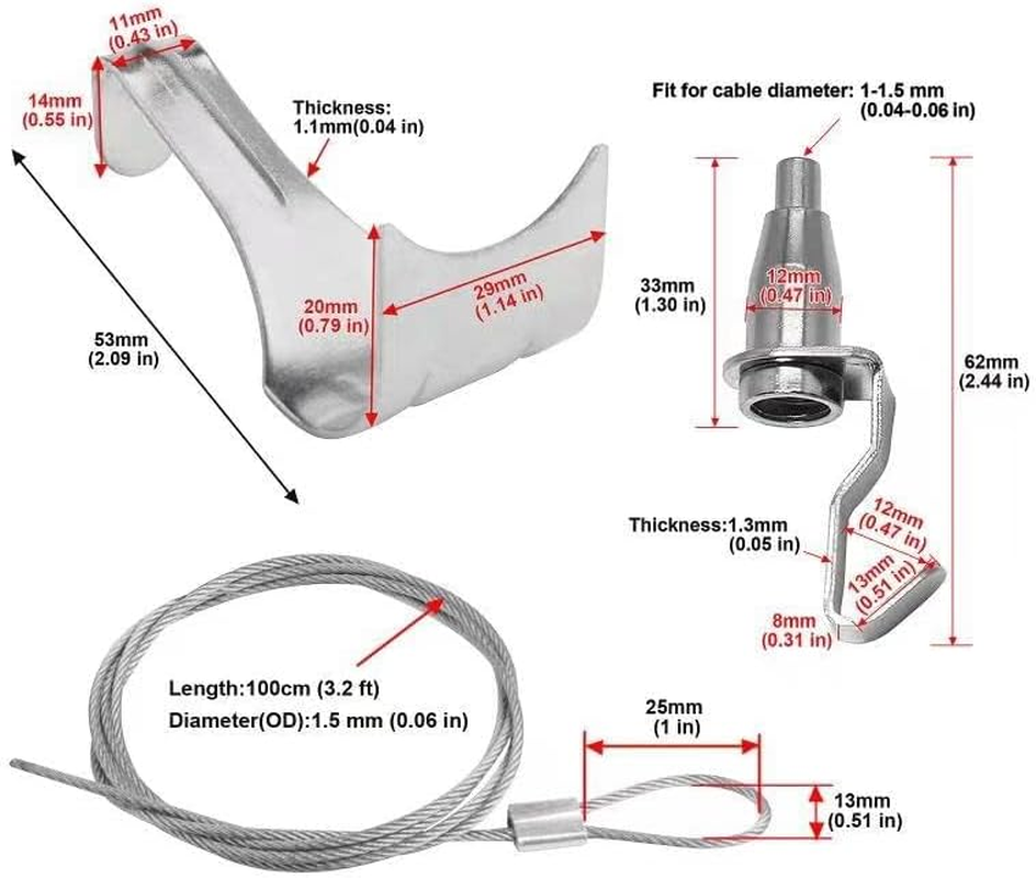 20 Pack Sturdy Picture Rail Hanging System, 66 Lb (30 Kg) Max Load Capacity, Adjustable Wire Hooks Kit, 3Ft (1 M) Length Cable with Loop, Frames Display Kit, Picture Hanging Kit(Silver) image number 1