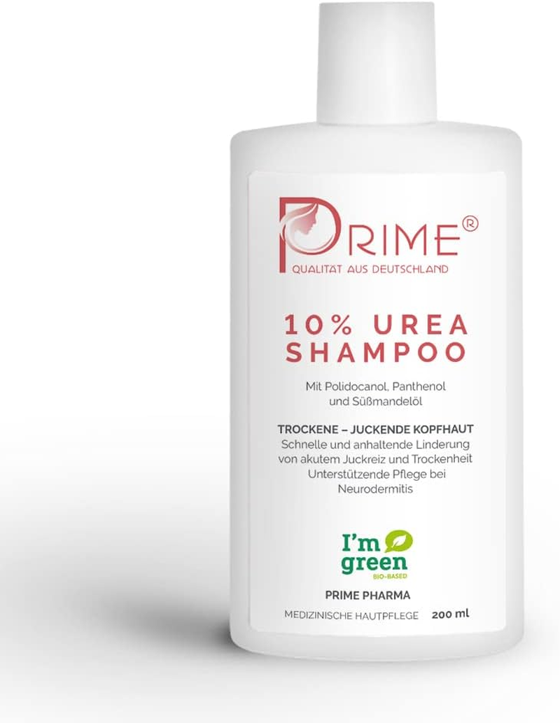 Prime&reg; 10% Urea Shampoo (200 Ml) with Polidocanol, Panthenol and Sweet Almond Oil - Medical Hair Wash against Itchy and Dry Scalp - Environmentally Friendly Packaging