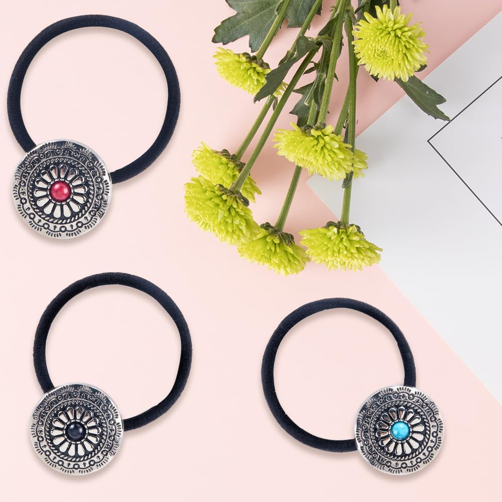 CABODYALS Pack of 6 3 Colours Vintage Squash Blossom Hair Bands Ropes Western Style Metal Ponytail Holder Boho Turquoise Cowgirl Elastic Decorative Hair Scrunchie Bracelet with Box for Women Headpiece image number 6