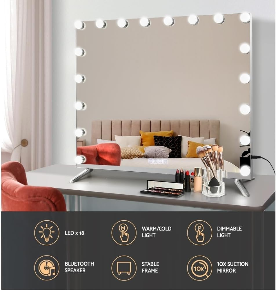Embellir Hollywood Makeup Mirror, Vanity Mirrors Beauty Cosmetic Dressing Bathroom Decor, 18 LED Bulbs with 5X Magnification Bluetooth Speaker Frameless Dimable Lights Tabletop