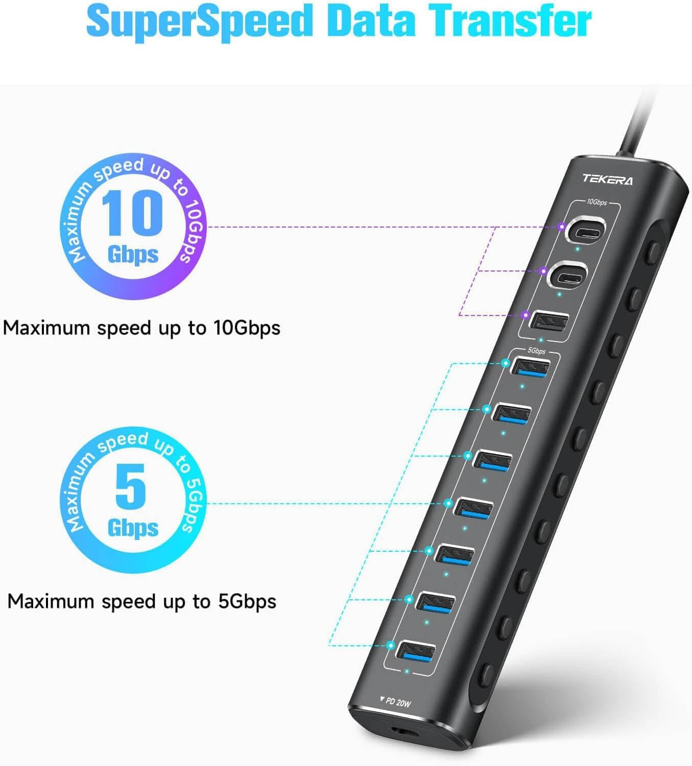 11 Port USB 3.2 Hub,Tekera USB C Hub 10Gbps Splitter with USB-A 3.2, 2 USB-C 3.2, 7 USB a 3.0 Ports, PD USB-C Port and 3.3Ft Long Cable image number 1