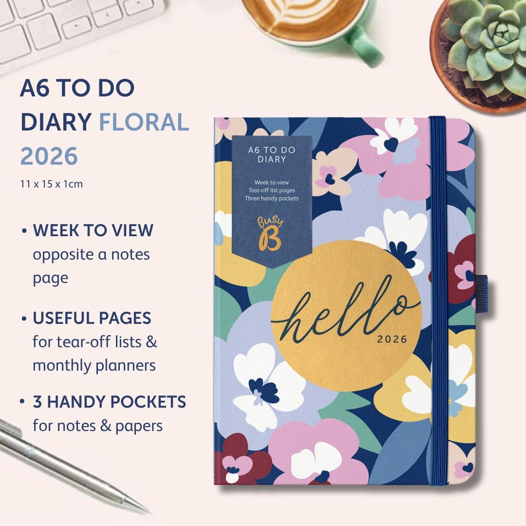 Busy B - A6 Weekly Planner 2026 - Appointment Calendar with To-Do Lists & Note Pages - Compact Diary with Colourful Floral Pattern - Week to View, 3 Pockets & Year Planner - Colourful Flowers image number 5