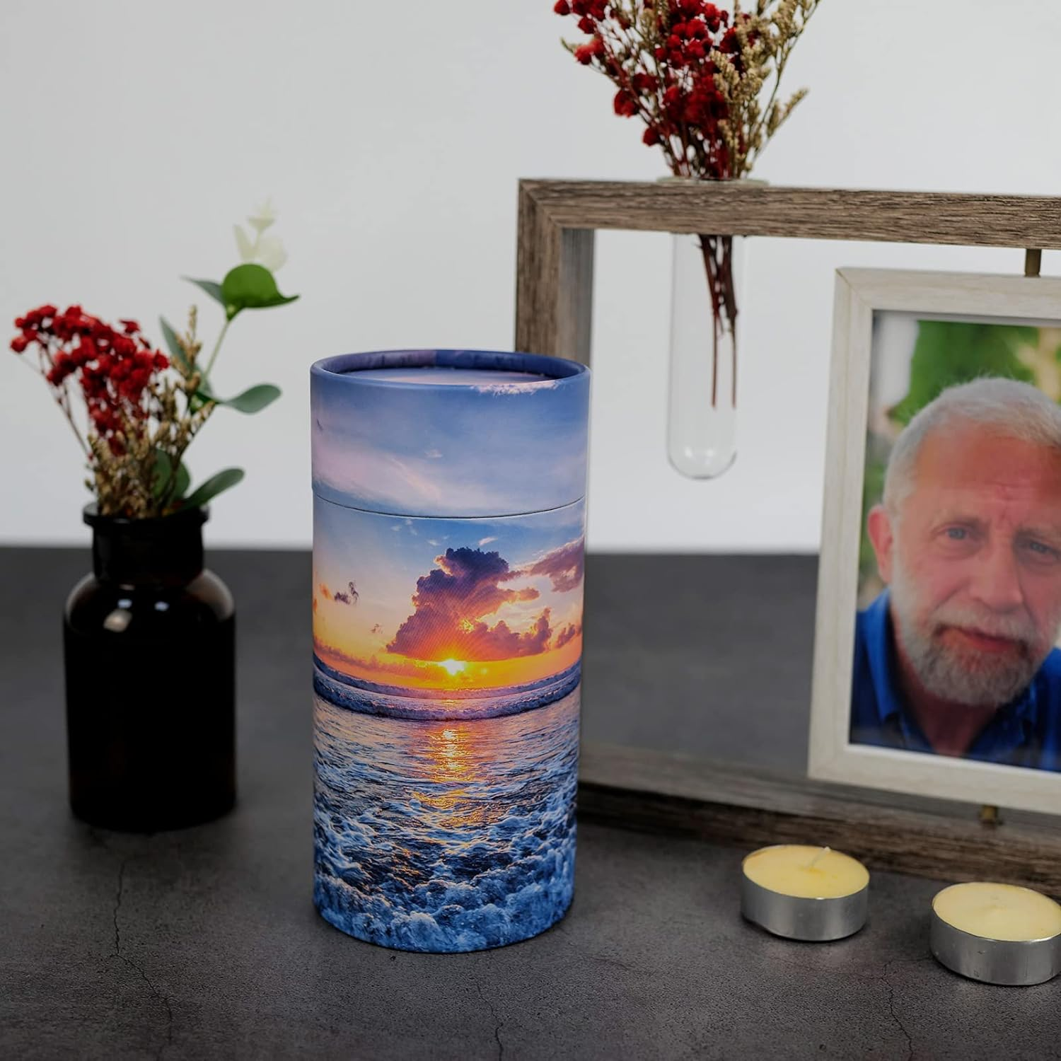 40 Lbs Small ECO Scattering Tube Urn for Human Ashes, Biodegradable Decorative Spreading Cremation Urn for Adult Male Female Pet Dog Cat Ashes, Including ECO Artificial Flowers(Sea&Beach Sunset) image number 5