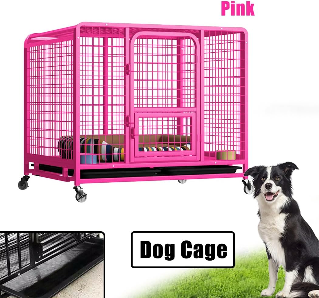 36" Dog Cage Crate,Large Kennel Pet Cage with Removable Tray&4 Rollers,Foldable Cat Puppy Metal Cage Playpen (Pink) image number 2