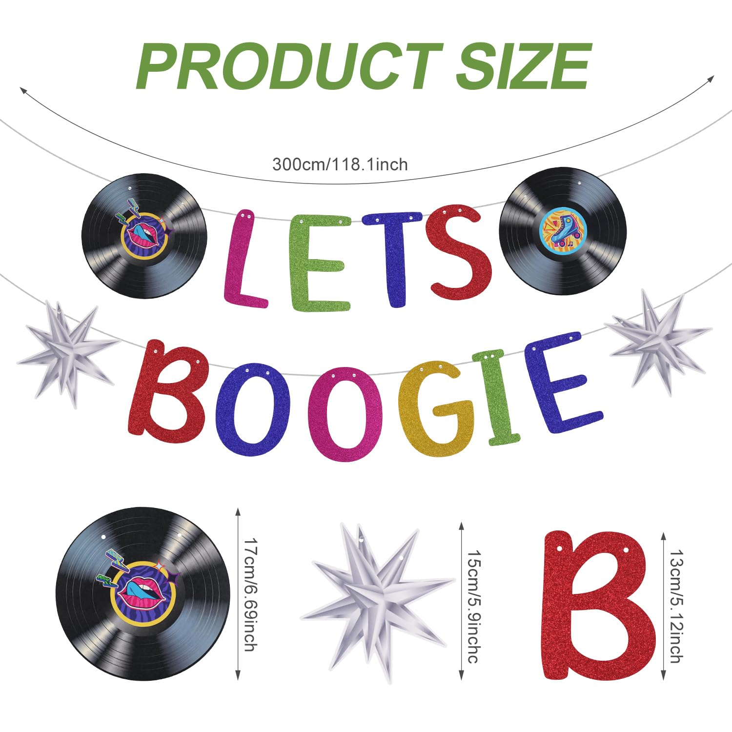 70S Theme Party Decorations, 2 Banner and 8 Hanging Swirls Lets Boogie Banner Disco Themed Party Decorations for 60S/70S/80S/90S Disco Birthday Party image number 4