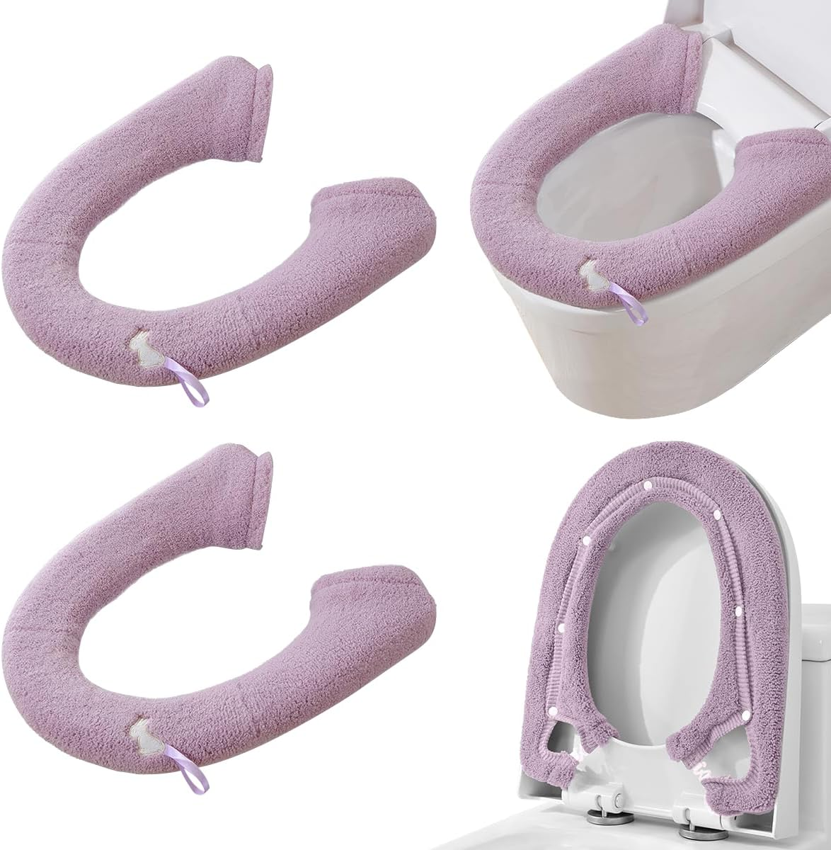 2 Packs Toilet Seat Cover, Plush Warm Bathroom Toilet Seat Cushion with Snaps Fixed Washable and Reusable Toilet Seat Lid Cover Pads, Fits Most Toilet Seats, Purple image number 1